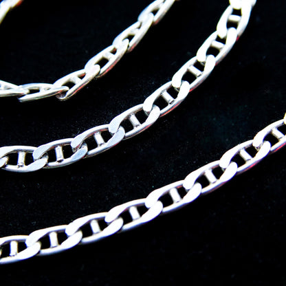 Vintage Italian sterling silver mariner chain necklace with 3.5mm anchor links on black background, unisex minimalist solid silver necklace measuring 18 1/4 inches long.