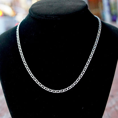 Vintage Italian sterling silver mariner chain necklace displayed on a black velvet bust, featuring a 3.5mm anchor chain that is 18 1/4 inches long, making it a minimalist, solid silver necklace suitable for both men and women.