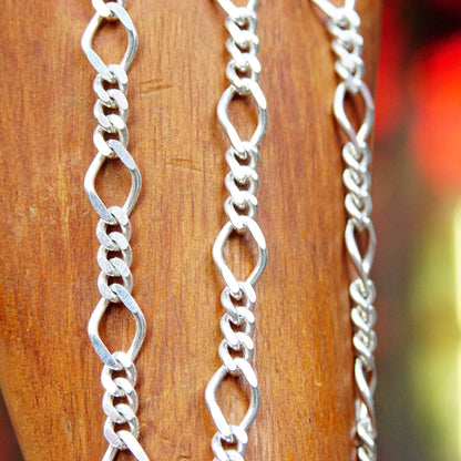 Vintage Milor 925 sterling silver figaro chain necklace with alternating 5mm curb links and 8.5mm long links, creating a figure 8 figaro pattern, measuring 24 1/4 inches long.