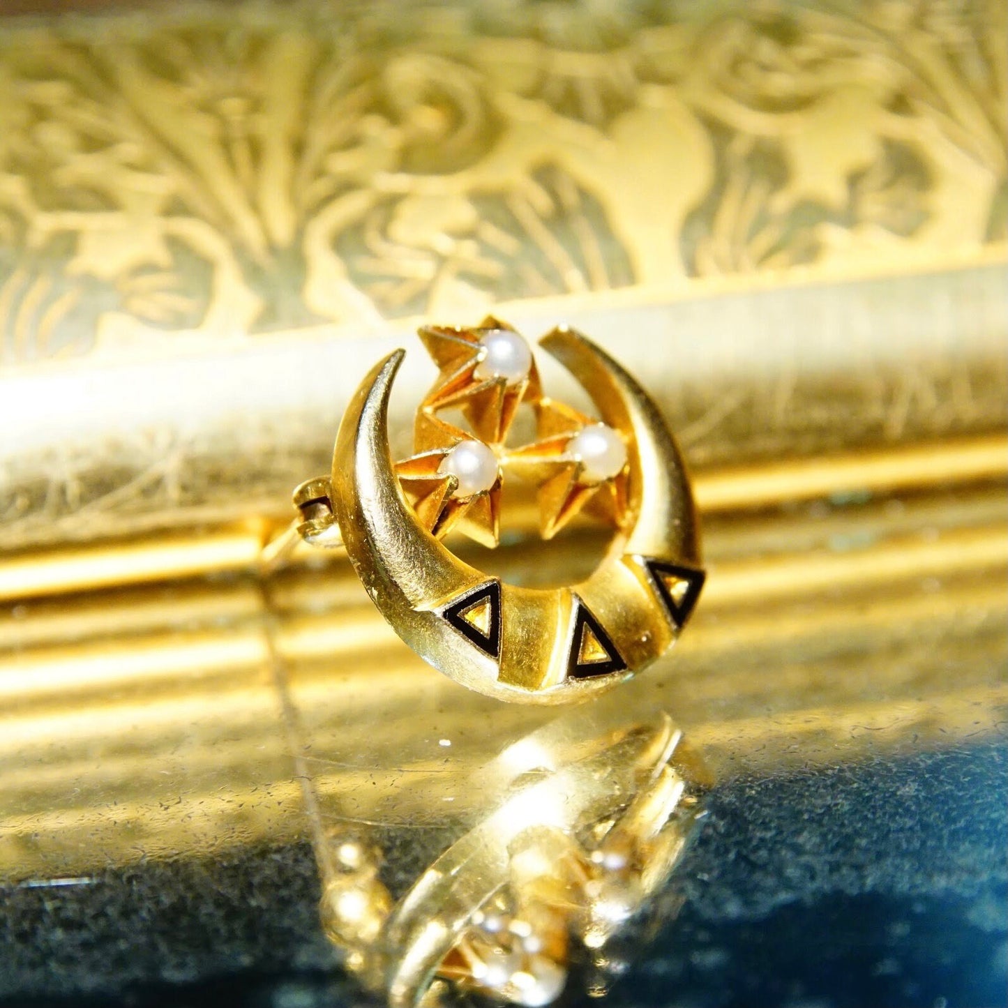 Vintage 14K Yellow Gold Fraternal Delta Delta Delta Pin - 1922, Gold Crescent Moon W/ Black Enamel Triangles, Pearl Seed Gold Stars, 5/8"