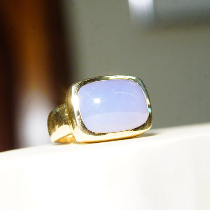 Vintage 14k Yellow Gold Lavender Jade Rectangular Saddle Ring, Translucent Purple Jadeite Jade, Modernist, 585 Statement Ring, Size 7 US