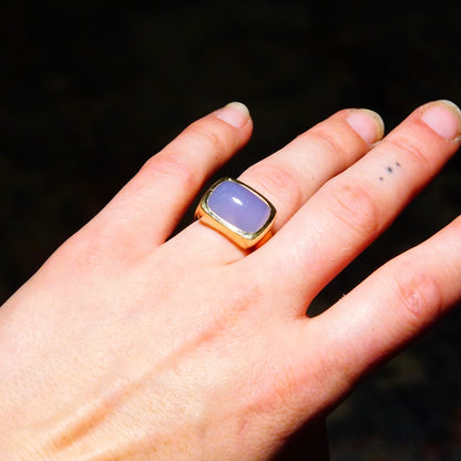 Vintage 14k Yellow Gold Lavender Jade Rectangular Saddle Ring, Translucent Purple Jadeite Jade, Modernist, 585 Statement Ring, Size 7 US