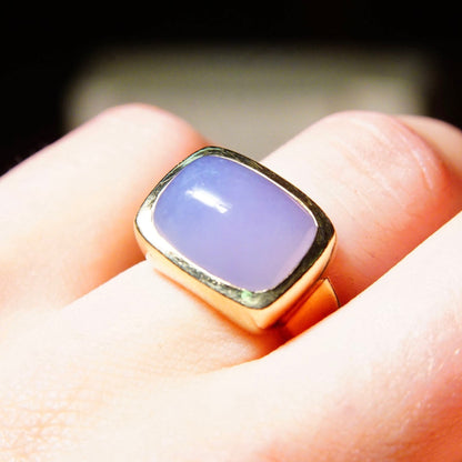 Vintage 14k Yellow Gold Lavender Jade Rectangular Saddle Ring, Translucent Purple Jadeite Jade, Modernist, 585 Statement Ring, Size 7 US