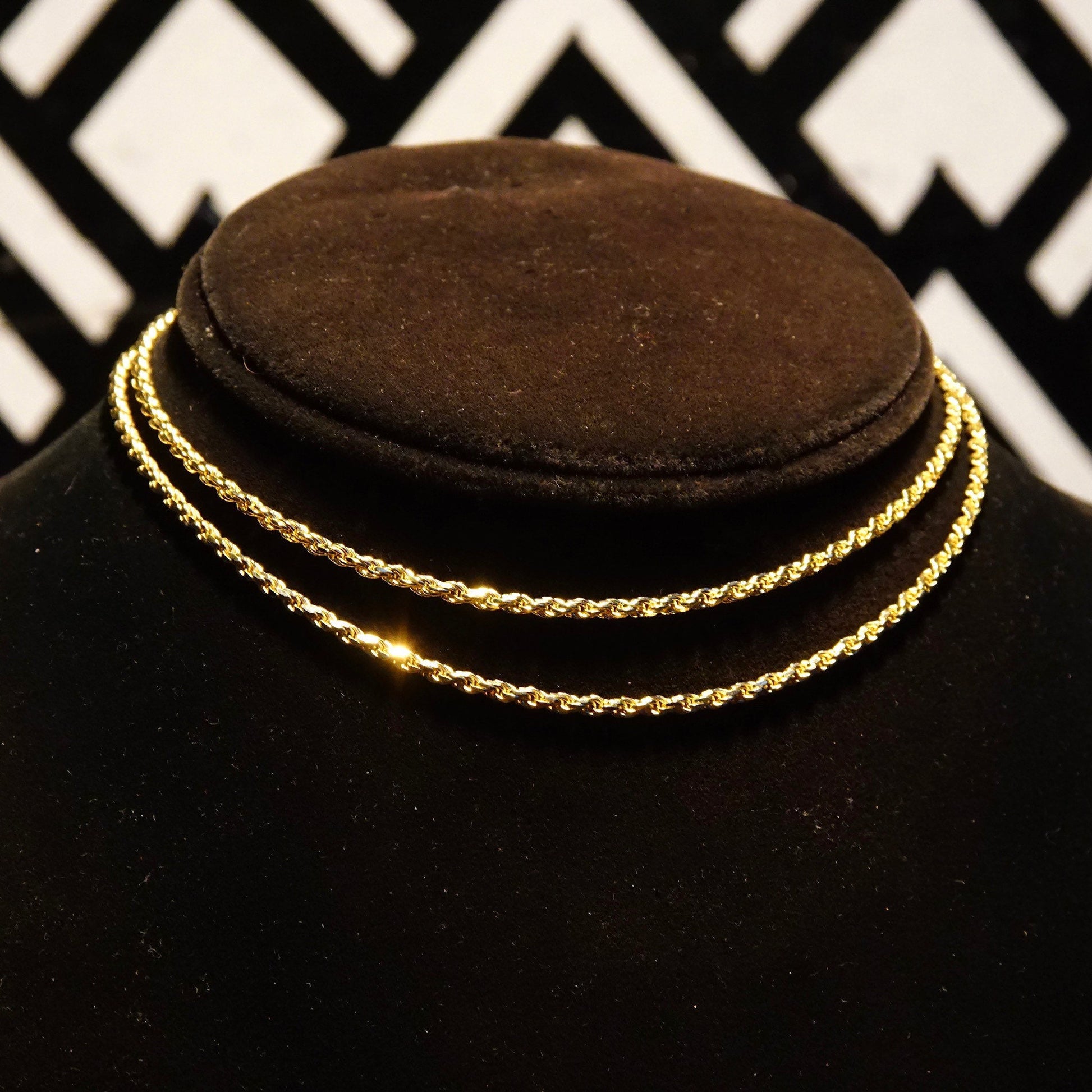 Vintage 14K yellow gold rope chain necklace on patterned background, 2.5mm thick unisex pendant chain, 24 inches long, 585 gold jewelry.