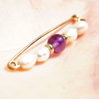 14k Amethyst Pearl Safety Pin Brooch, Small Yellow Gold Lingerie Pin, Amethyst Beads & Baroque Pearls, 1/2 L