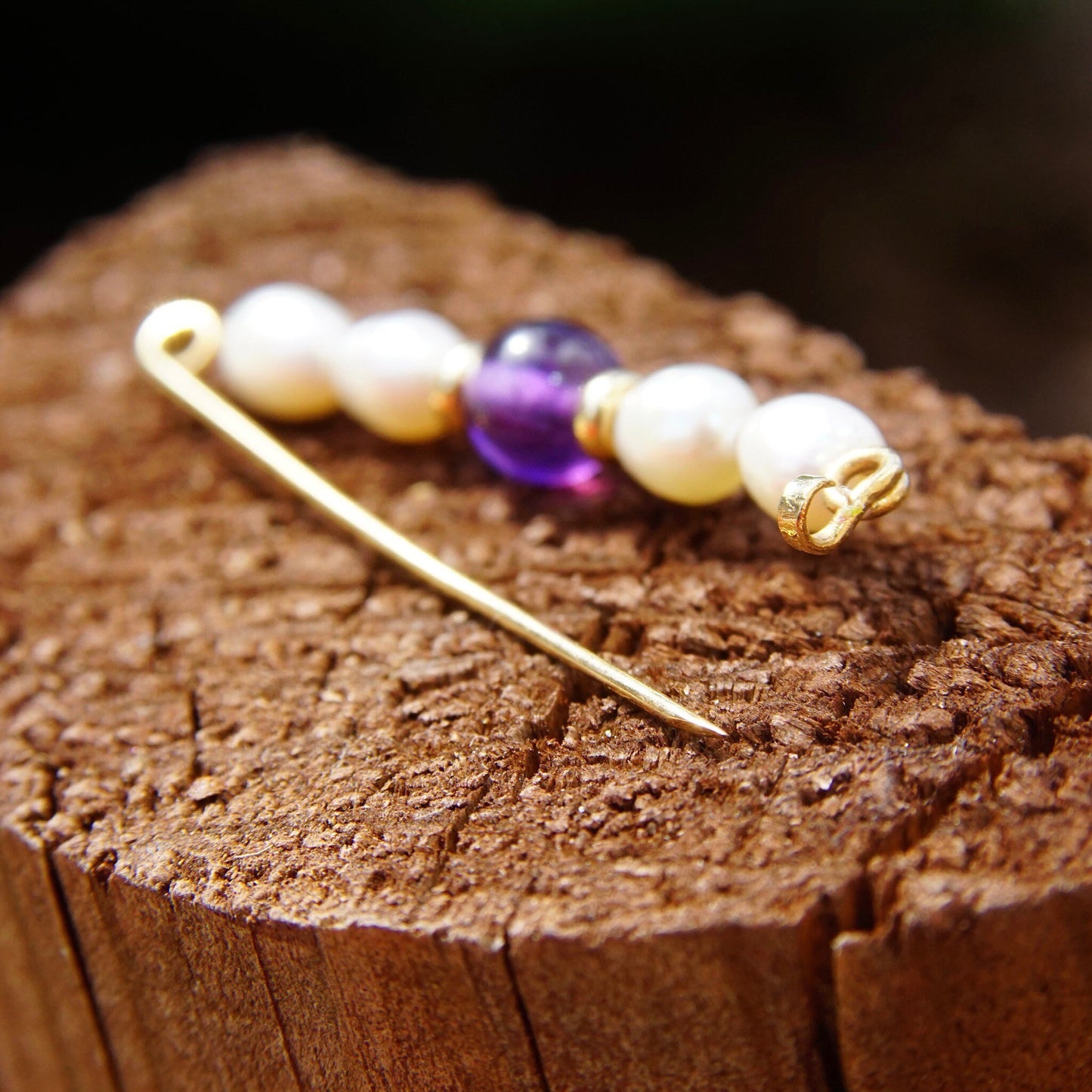 14k Amethyst Pearl Safety Pin Brooch, Small Yellow Gold Lingerie Pin, Amethyst Beads & Baroque Pearls, 1/2 L