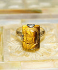 10K Tiger's Eye Cameo Ring In Yellow Gold, Greek Warrior Figures, White Gold Leaf Motifs, Estate Jewelry, 6 US - Good's Vintage