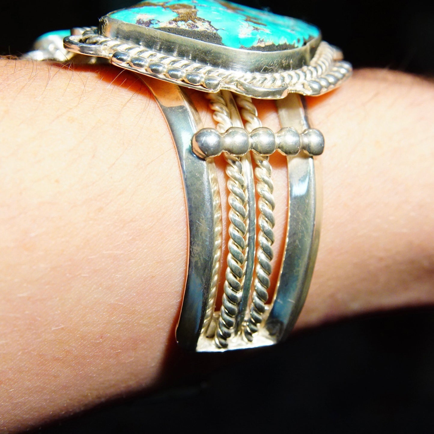 Vintage Native American turquoise cuff bracelet with three large stones set in chunky silver, 5 3/4 inches long, made in Mexico