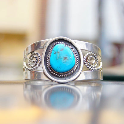 Vintage Sterling Silver Turquoise Cuff Bracelet, Woven Silver Wire Cuff, Bright Blue Turquoise Stone, Southwestern Style, MEX 925, 5 3/4" L