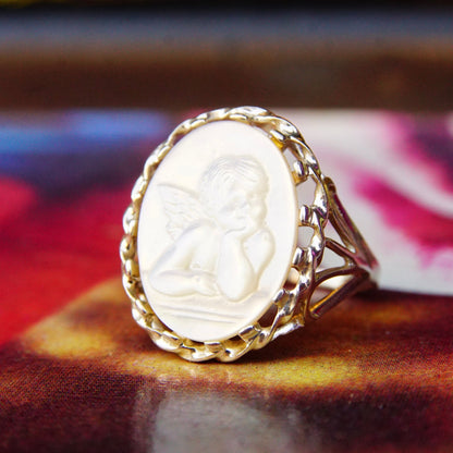 Vintage Sterling Silver Mother Of Pearl Cherub Cameo Ring, Classic Relief Carving Of Iridescent White Shell, Baby Cupid, Size 10 1/2 US