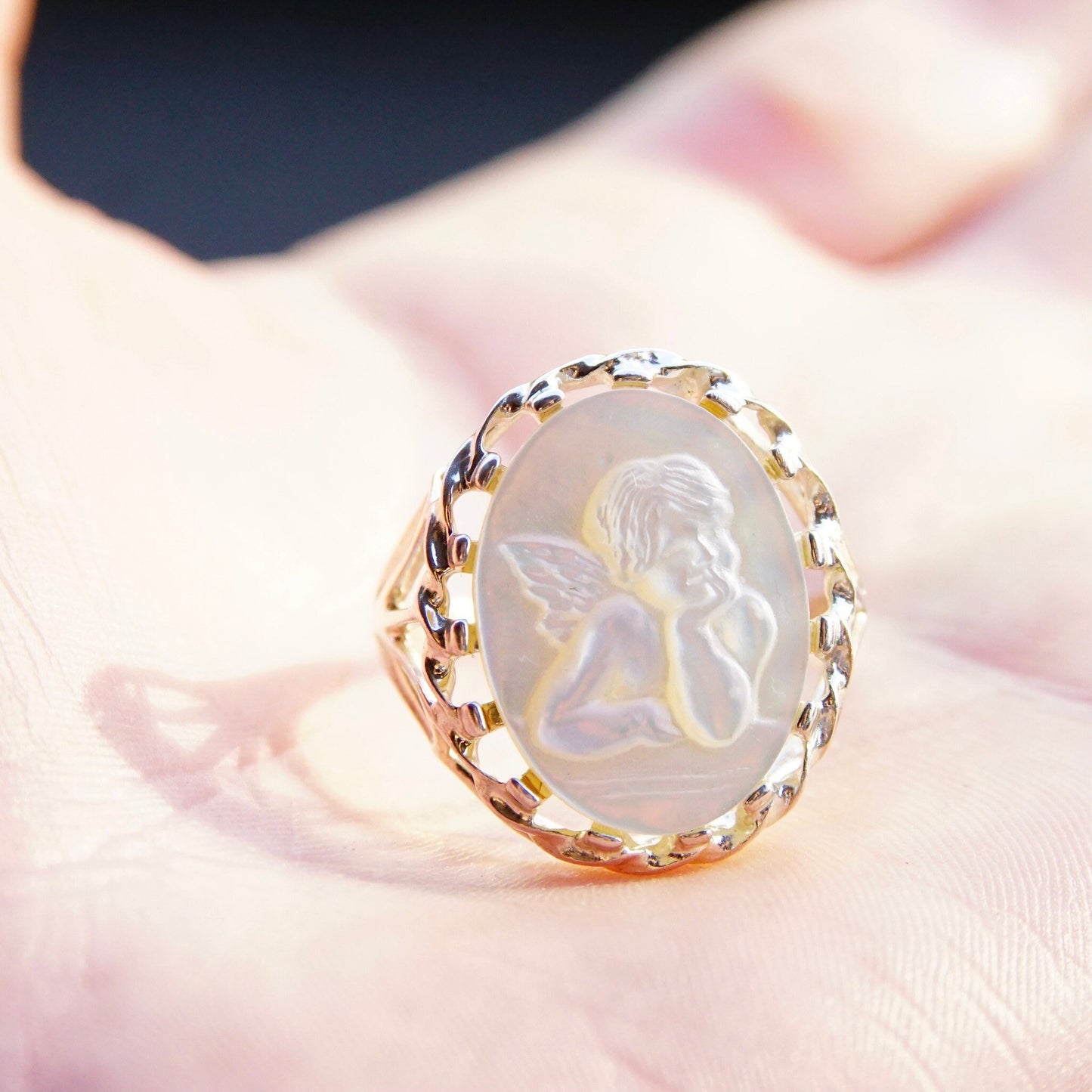 Vintage Sterling Silver Mother Of Pearl Cherub Cameo Ring, Classic Relief Carving Of Iridescent White Shell, Baby Cupid, Size 10 1/2 US