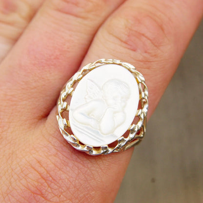 Vintage Sterling Silver Mother Of Pearl Cherub Cameo Ring, Classic Relief Carving Of Iridescent White Shell, Baby Cupid, Size 10 1/2 US