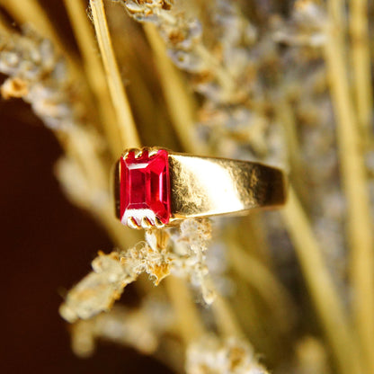 Antique Hallmarked 14K Gold Ruby Solitaire Ring, Emerald Cut Ruby Gemstone, Yellow Gold Band, Victorian Ring, Size 9 1/4 US