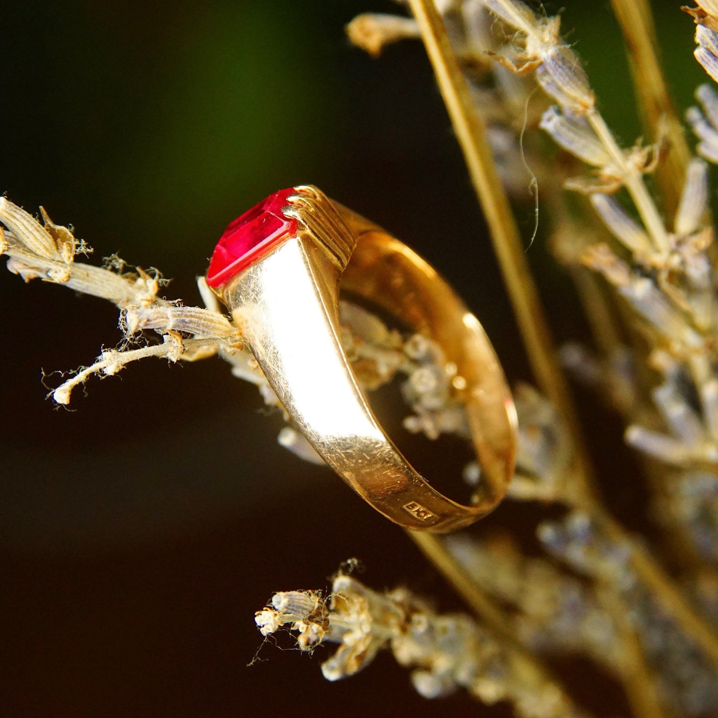 Antique Hallmarked 14K Gold Ruby Solitaire Ring, Emerald Cut Ruby Gemstone, Yellow Gold Band, Victorian Ring, Size 9 1/4 US