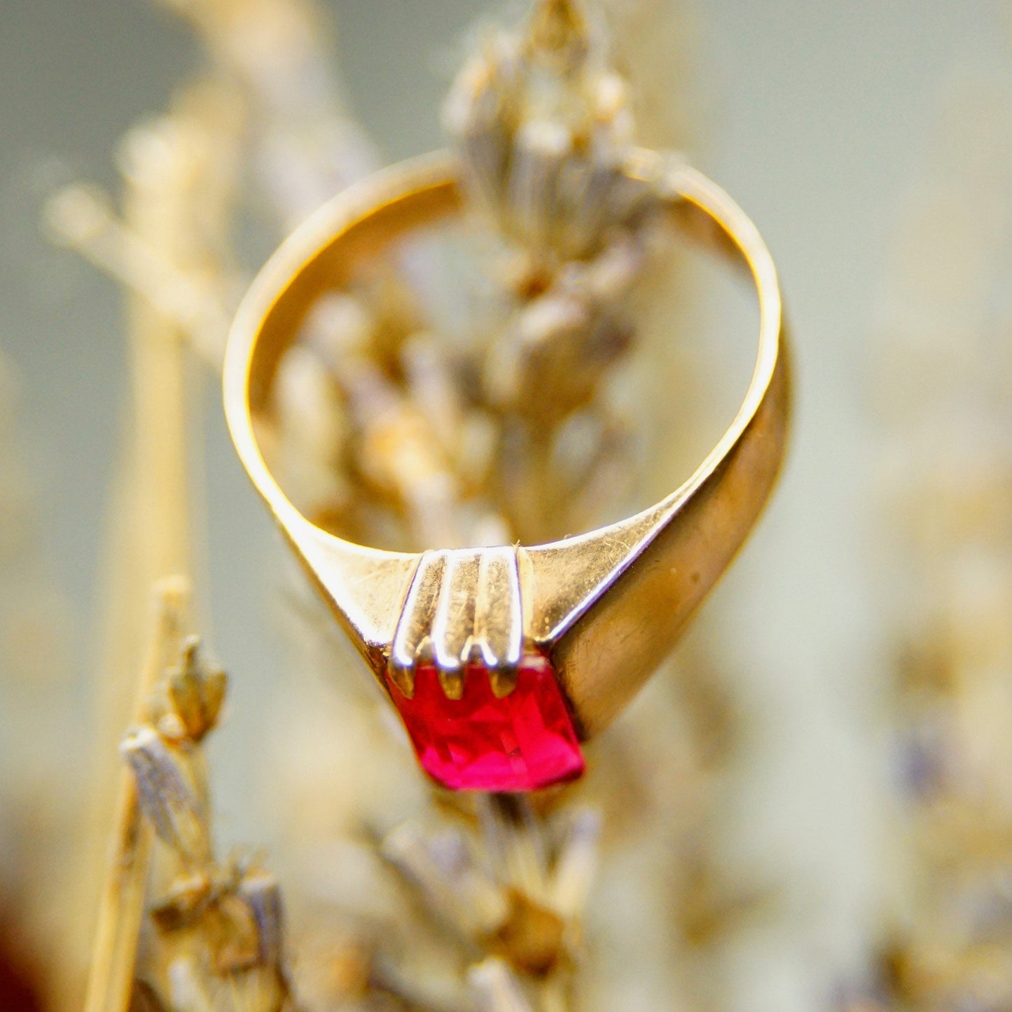 Antique Hallmarked 14K Gold Ruby Solitaire Ring, Emerald Cut Ruby Gemstone, Yellow Gold Band, Victorian Ring, Size 9 1/4 US