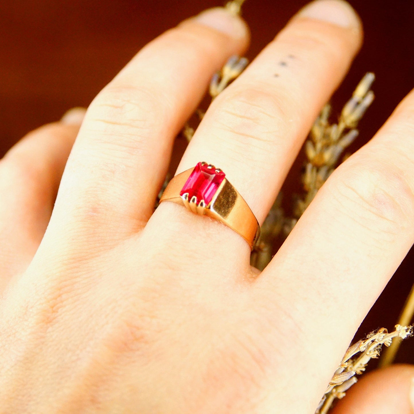 Antique Hallmarked 14K Gold Ruby Solitaire Ring, Emerald Cut Ruby Gemstone, Yellow Gold Band, Victorian Ring, Size 9 1/4 US