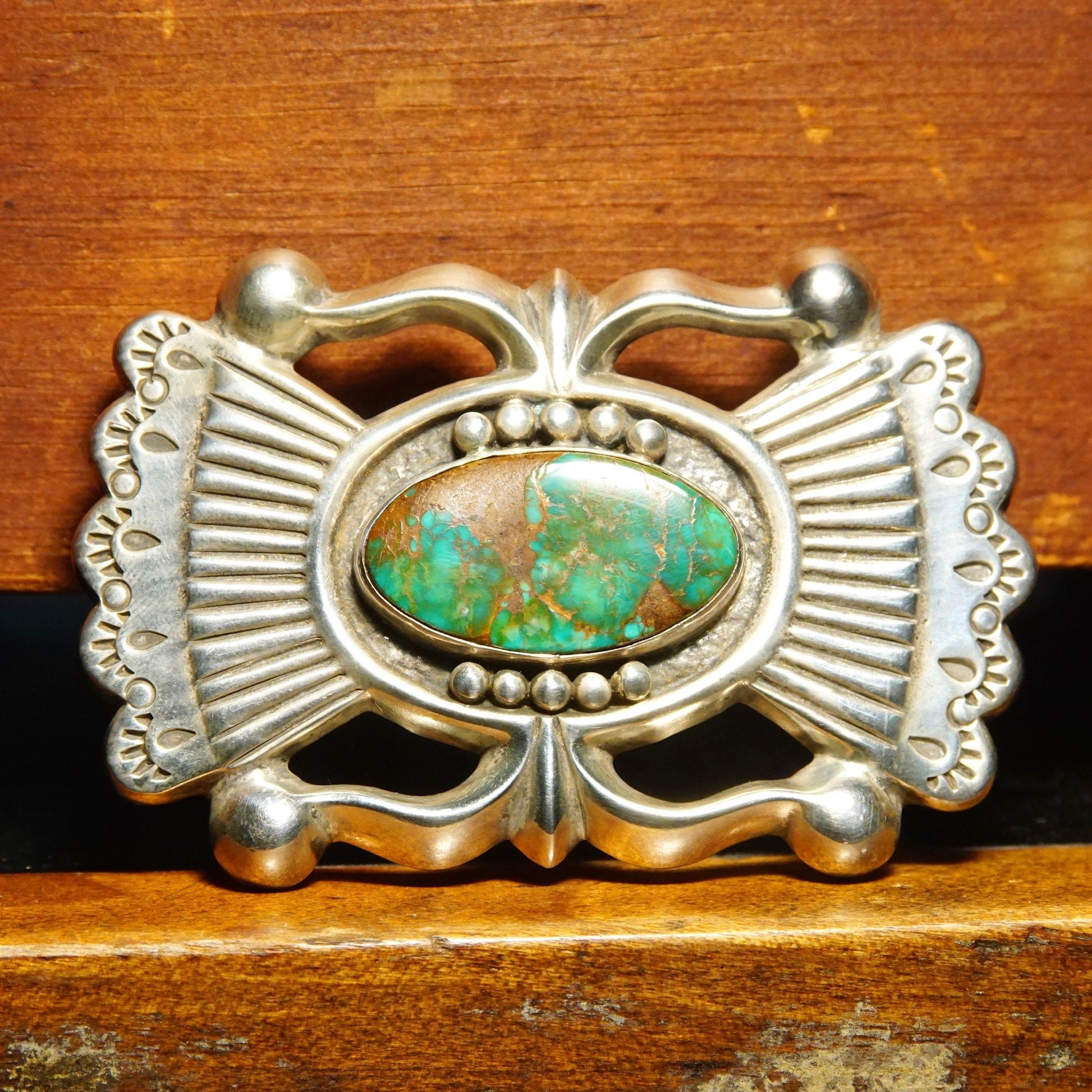 Vintage Zuni sterling silver turquoise sandcast belt buckle by Art Acoya, Native American old pawn jewelry, 2 7/8 inches wide