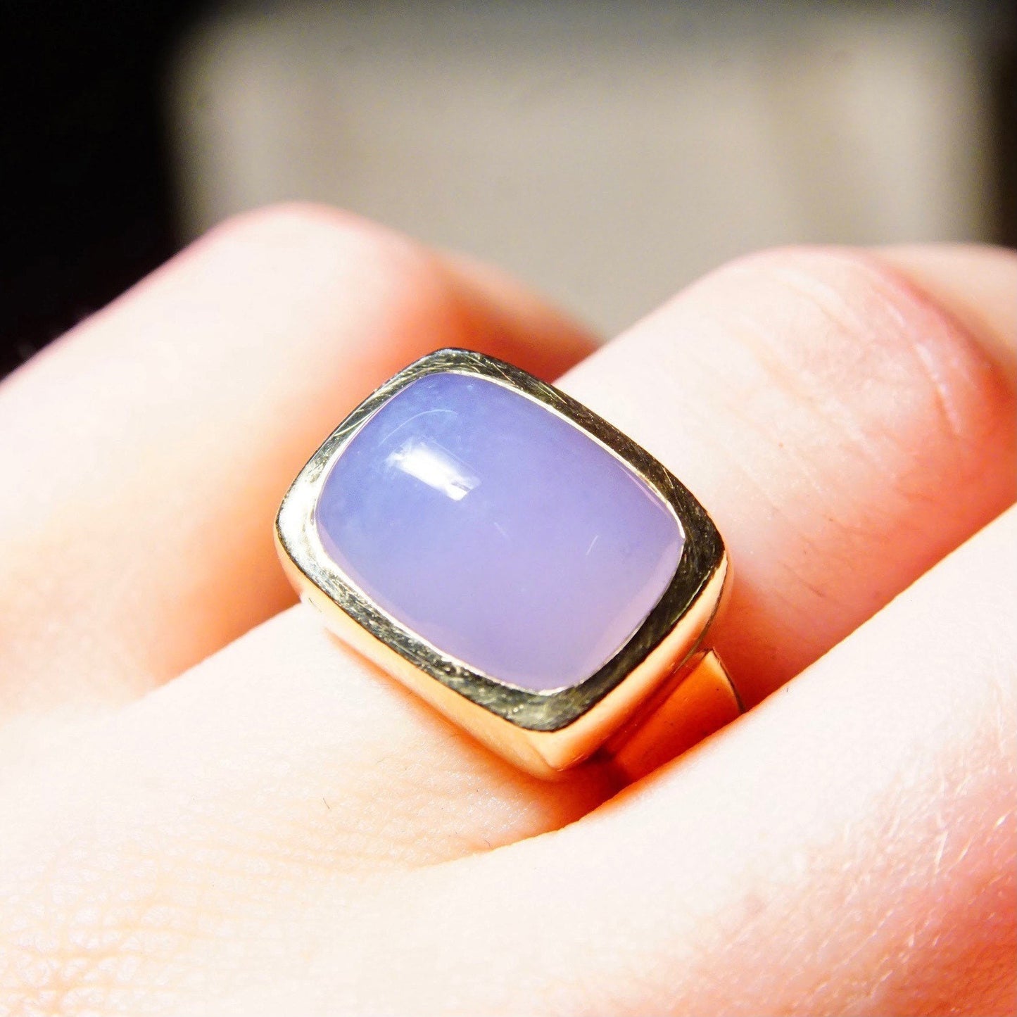 Vintage 14k Yellow Gold Lavender Jade Rectangular Saddle Ring, Translucent Purple Jadeite Jade, Modernist, 585 Statement Ring, Size 7 US