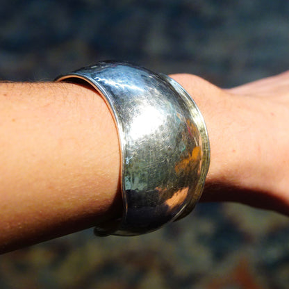 Modernist Sterling Silver Crinkle Dome Cuff Bracelet, HammeredSilver Wrist Bone Cuff, Adjustable, 6 1/2" L