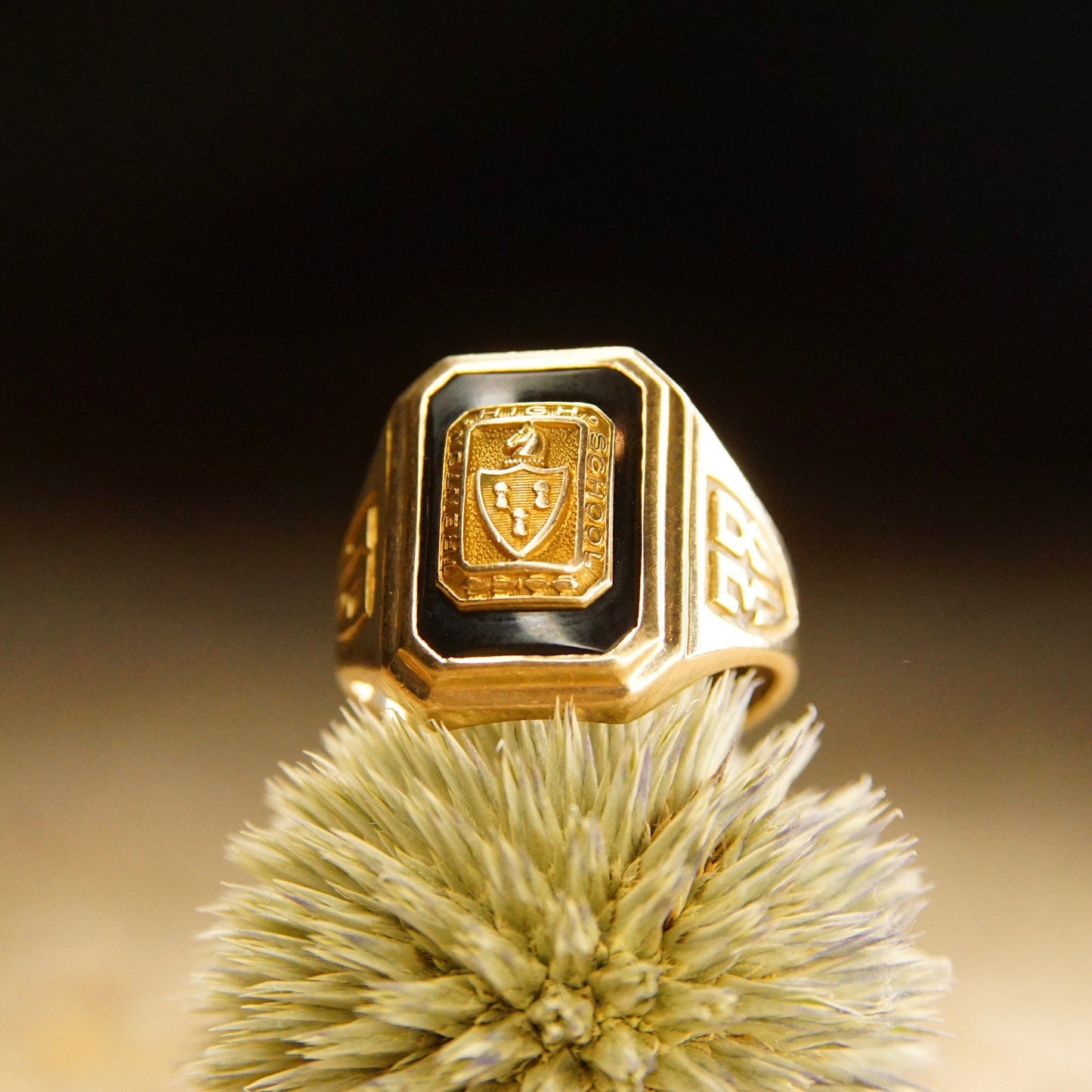 Vintage 1938 10K yellow gold onyx high school class ring with engraved Trenton High School crest, perched on a dried thistle flower against a black background