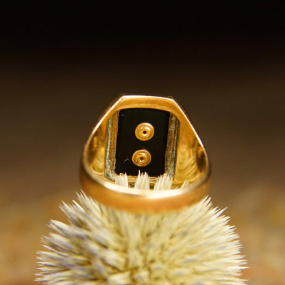 Vintage 1938 10K yellow gold and onyx Trenton High School class ring with engraving, size 6 3/4 US, sitting on a dried dandelion flower against a dark background