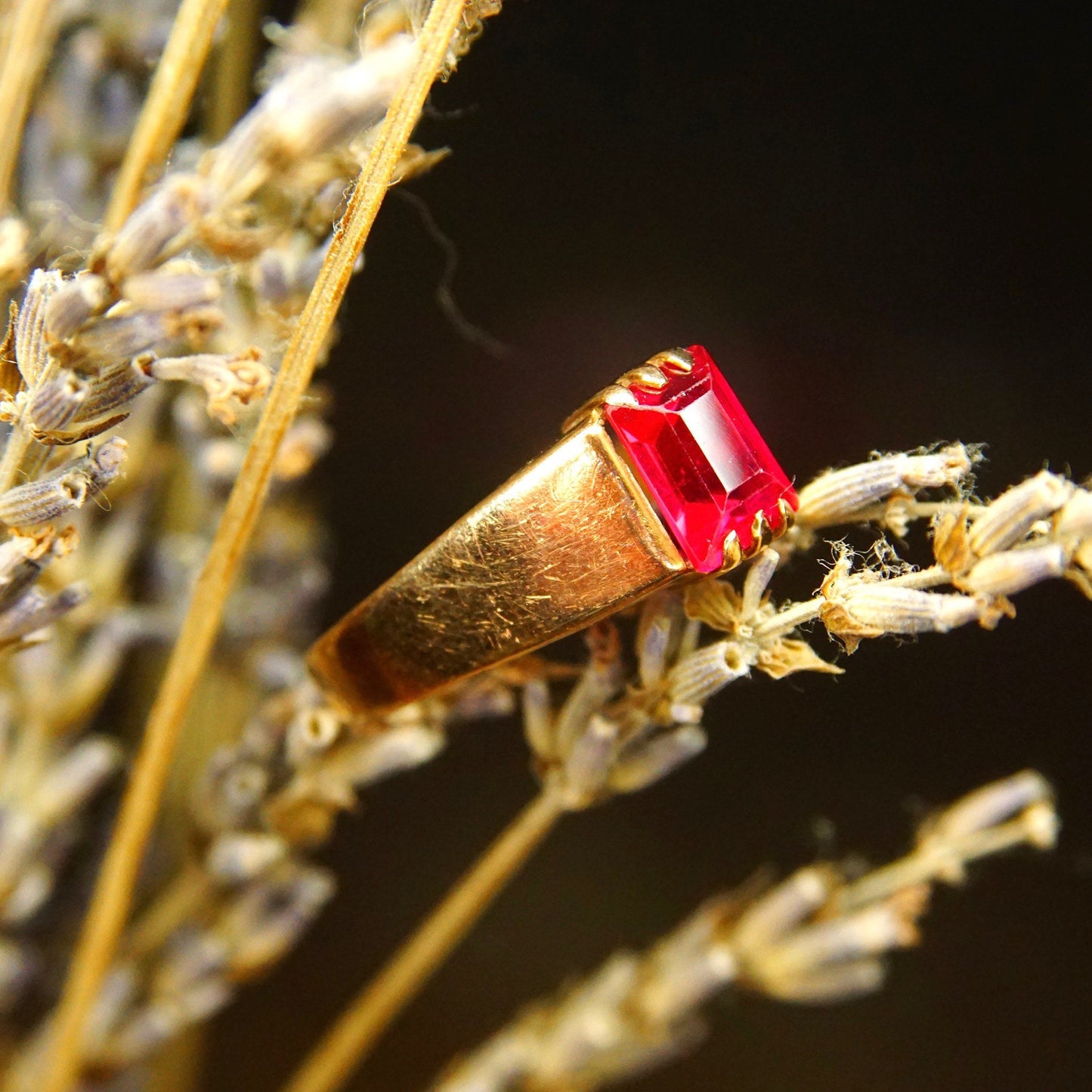 Antique Hallmarked 14K Gold Ruby Solitaire Ring, Emerald Cut Ruby Gemstone, Yellow Gold Band, Victorian Ring, Size 9 1/4 US