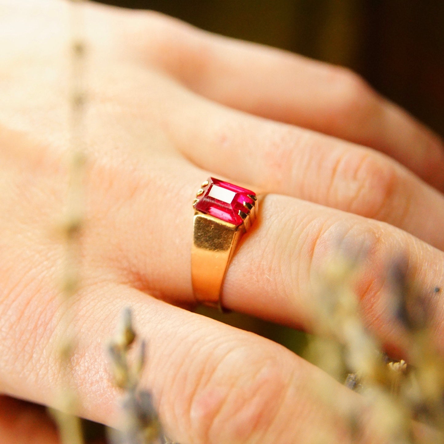 Antique Hallmarked 14K Gold Ruby Solitaire Ring, Emerald Cut Ruby Gemstone, Yellow Gold Band, Victorian Ring, Size 9 1/4 US