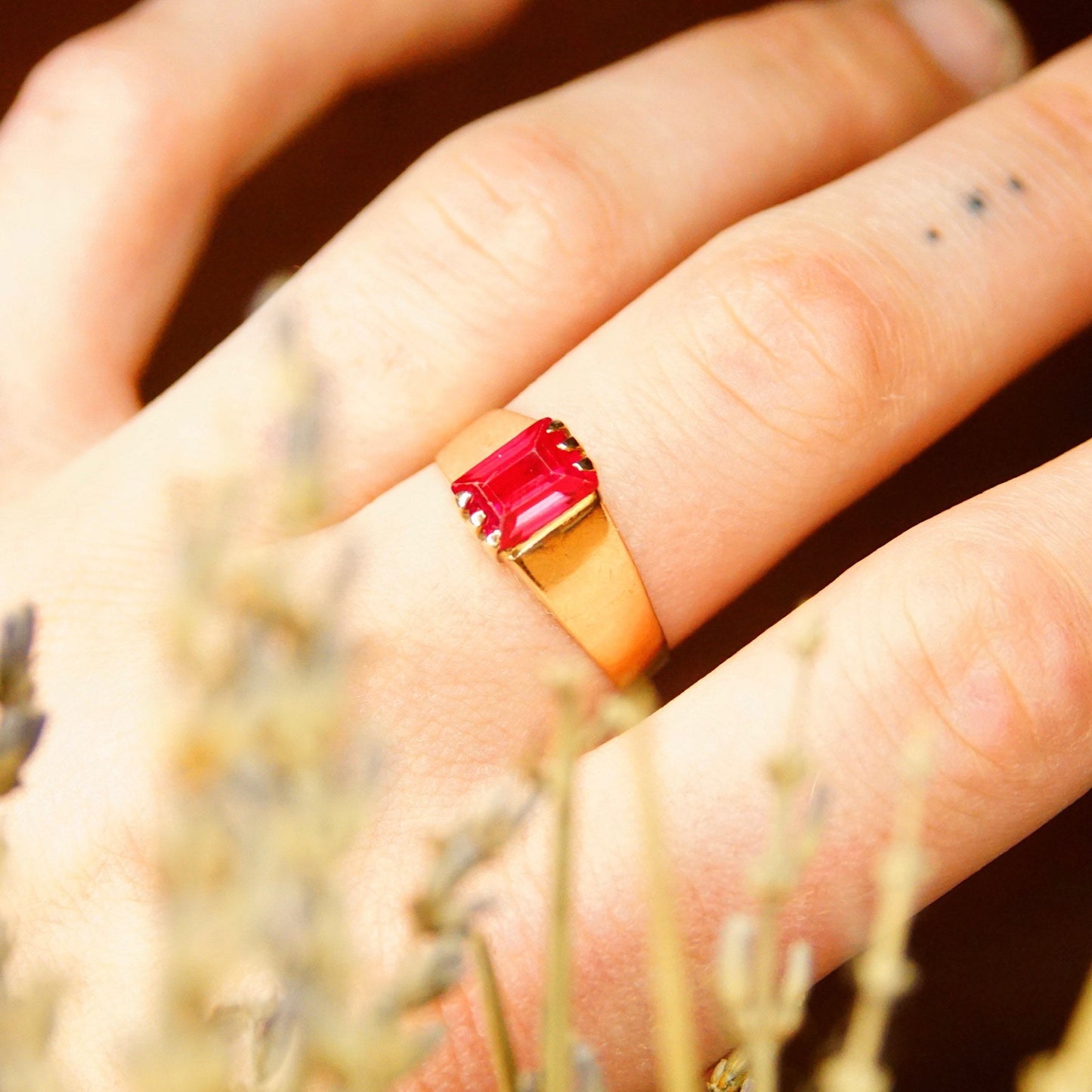 Antique Hallmarked 14K Gold Ruby Solitaire Ring, Emerald Cut Ruby Gemstone, Yellow Gold Band, Victorian Ring, Size 9 1/4 US