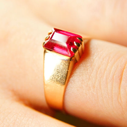 Antique Hallmarked 14K Gold Ruby Solitaire Ring, Emerald Cut Ruby Gemstone, Yellow Gold Band, Victorian Ring, Size 9 1/4 US