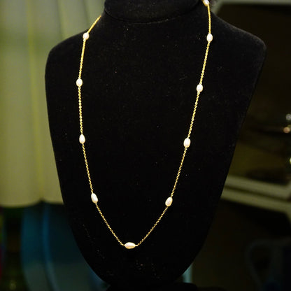 14K Pearl Station Necklace, Petite Yellow Gold Cable Chain, 11 Iridescent Baroque Pearls, Estate Jewelry, 25" L