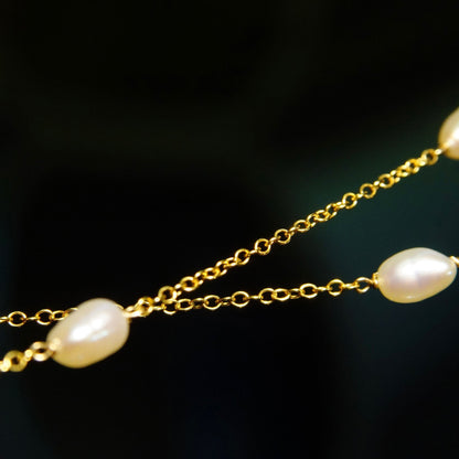 14K Pearl Station Necklace, Petite Yellow Gold Cable Chain, 11 Iridescent Baroque Pearls, Estate Jewelry, 25" L