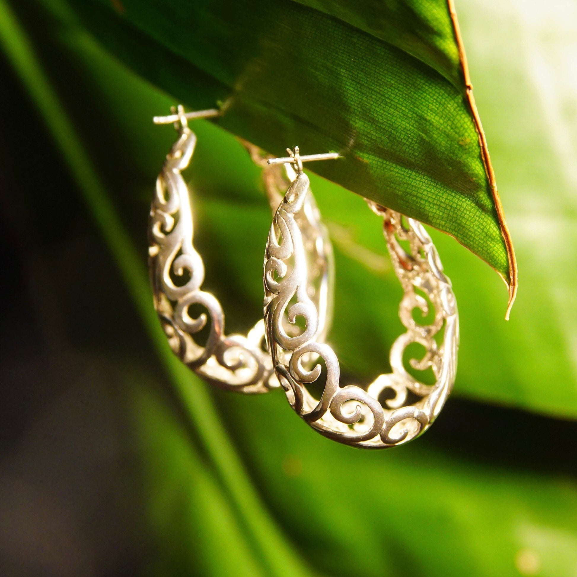 Vintage sterling silver filigree oval hoop earrings with art nouveau vine and scroll designs hanging from green leaf, closeup view.