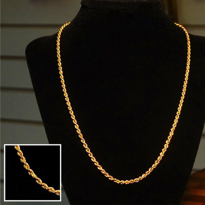 Vintage 14K yellow gold hollow rope chain necklace displayed on a black jewelry bust, suitable for both men and women. Classic design available in lengths from 16 to 24 inches. 585 gold purity marking visible in inset closeup photo.