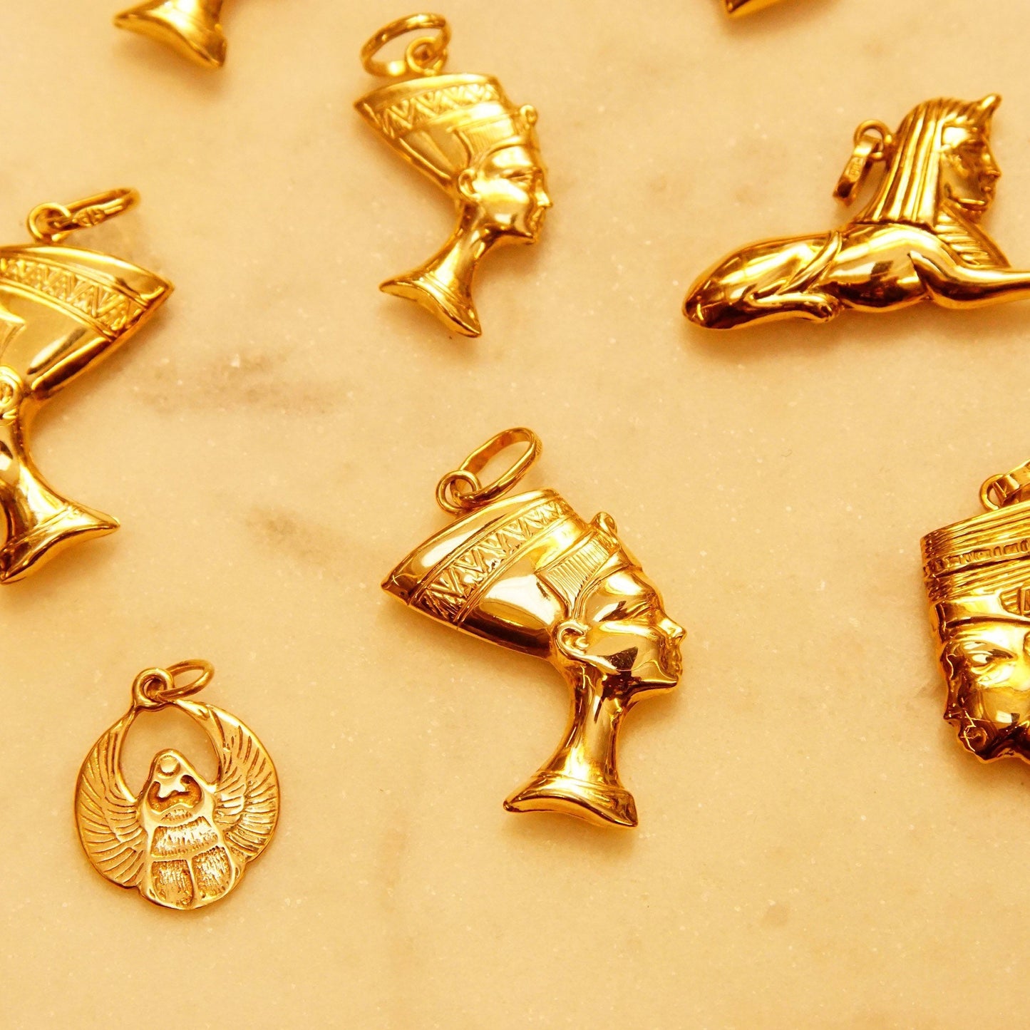 14K Gold Egyptian Pedants, Queen Nefertiti Head, Egyptian Sphinx, Horus Eagle Medallion, Vintage Yellow Gold Charms