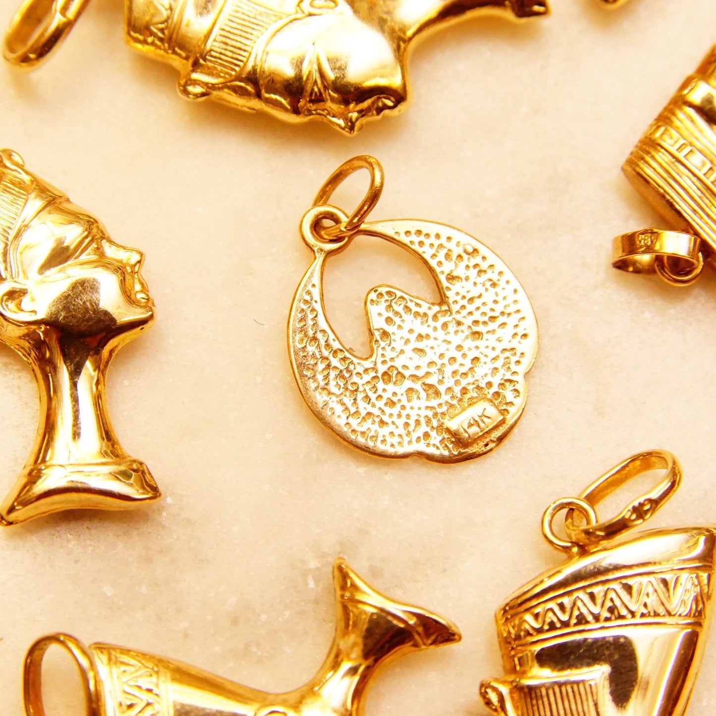 14K Gold Egyptian Pedants, Queen Nefertiti Head, Egyptian Sphinx, Horus Eagle Medallion, Vintage Yellow Gold Charms