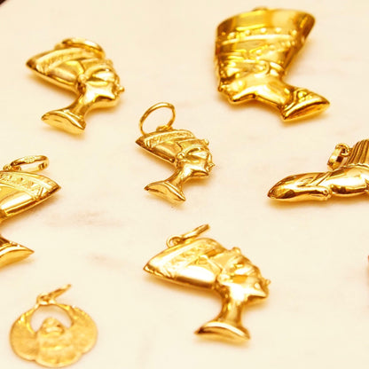 14K Gold Egyptian Pedants, Queen Nefertiti Head, Egyptian Sphinx, Horus Eagle Medallion, Vintage Yellow Gold Charms