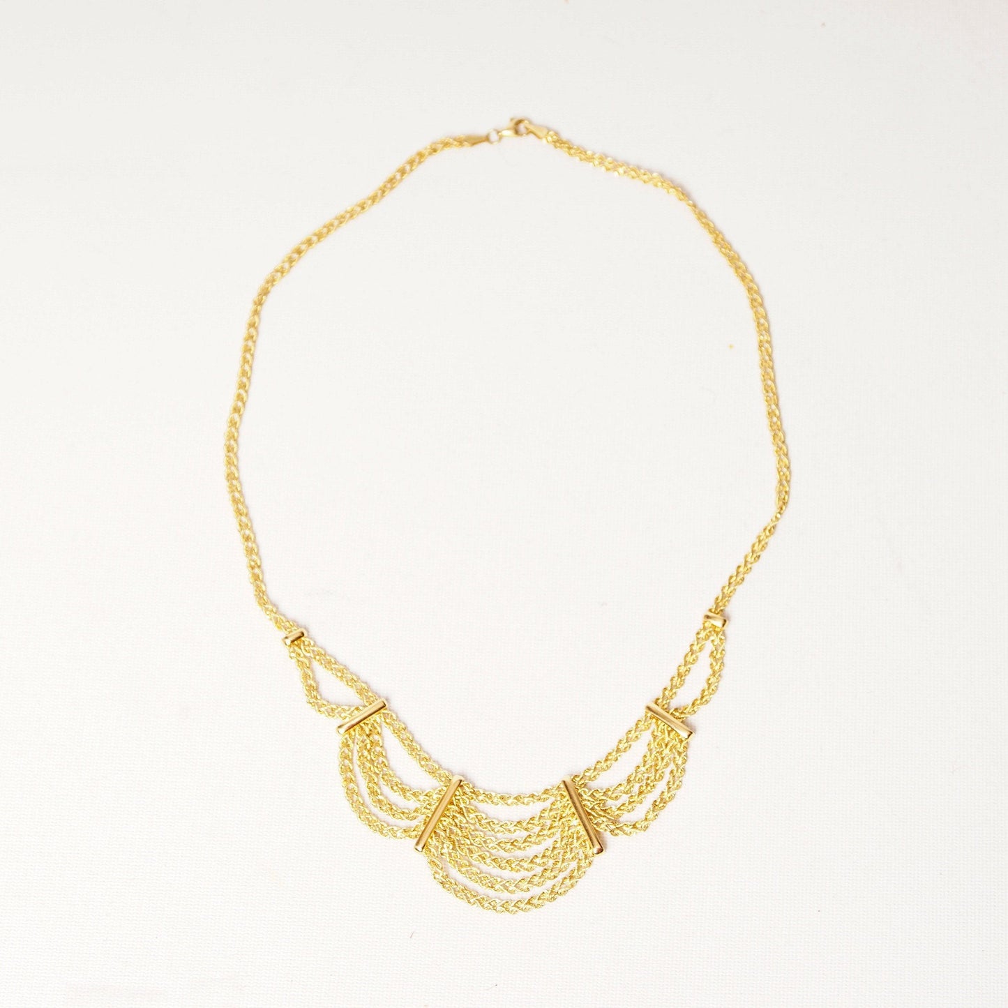 Vintage Peru 14K Yellow Gold Festoon Necklace, Double Spiral Rope Chain, Draped Gold Bib, Elegant 585 Necklace, Made In Peru, 17 1/4" L