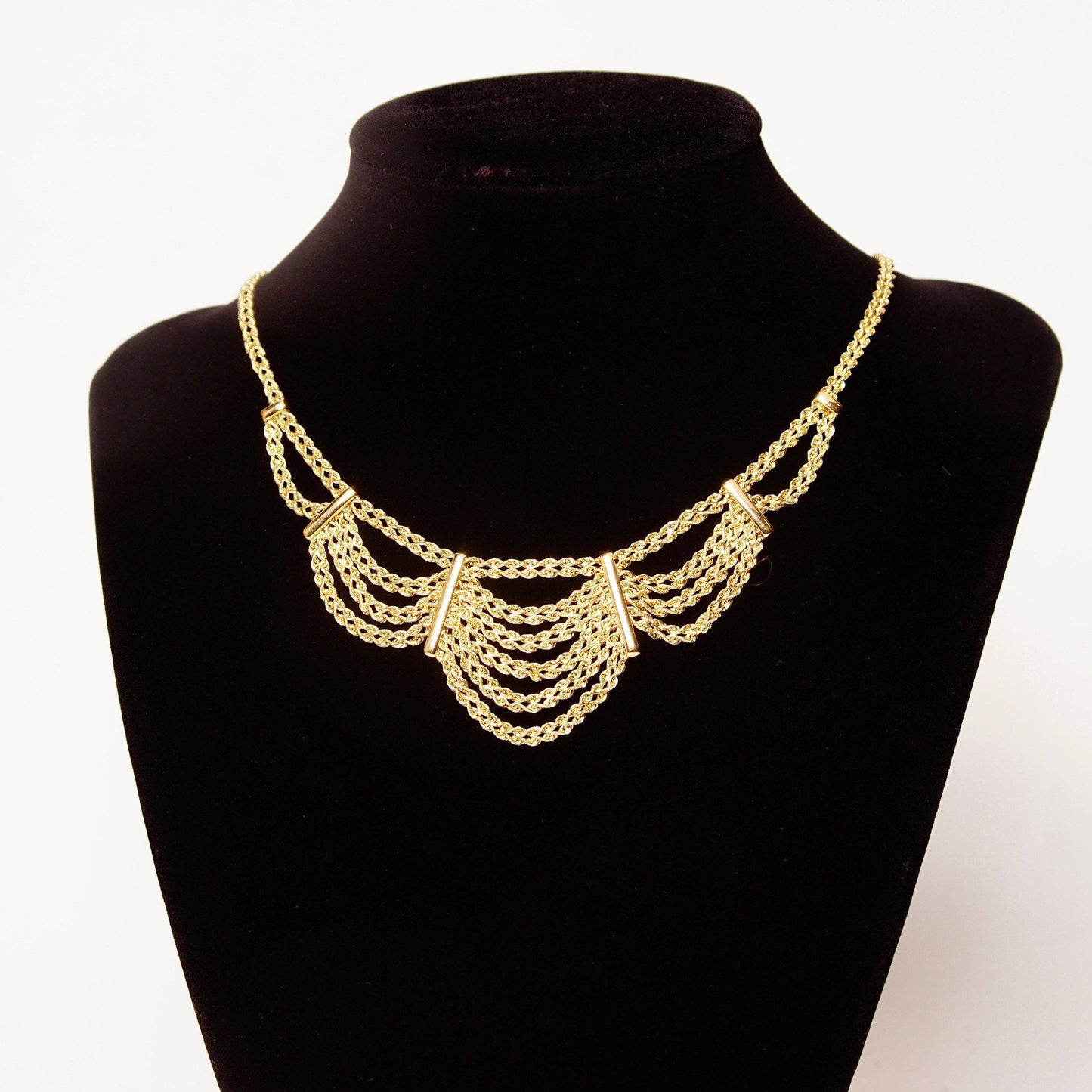 Vintage Peru 14K Yellow Gold Festoon Necklace, Double Spiral Rope Chain, Draped Gold Bib, Elegant 585 Necklace, Made In Peru, 17 1/4" L