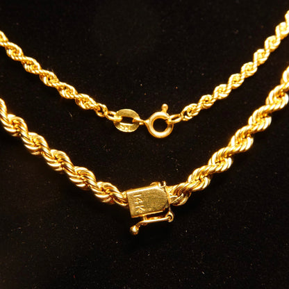 Vintage 14K yellow gold rope chain necklace with hollow construction, suitable for men or women. Classic gold chain available in lengths from 16 to 24 inches. 585 gold jewelry.