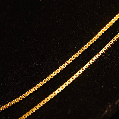 Vintage 14K yellow gold Italian box chains on black background, 1.5mm wide, 16 and 18 inches long, suitable for pendants, 585 gold jewelry.