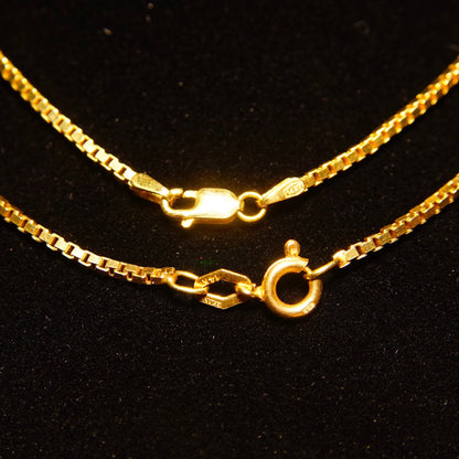 Vintage Italian 14K solid yellow gold box chains, 1.5mm wide, 16 to 18 inches long, suitable for pendant necklaces, 585 gold purity, fine jewelry.