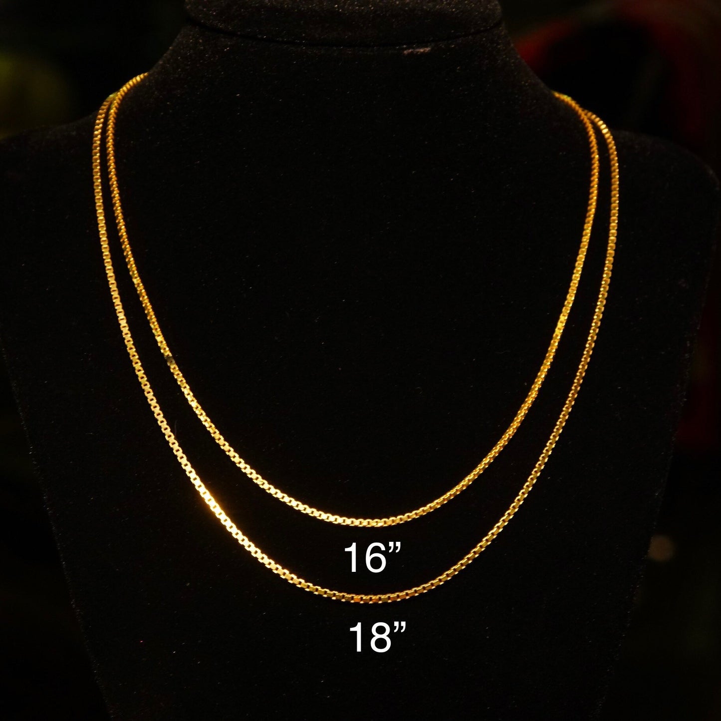 14K yellow gold vintage Italian box chain necklaces in 16 and 18 inch lengths, 1.5mm width, solid gold pendant chains for jewelry, 585 gold purity mark.