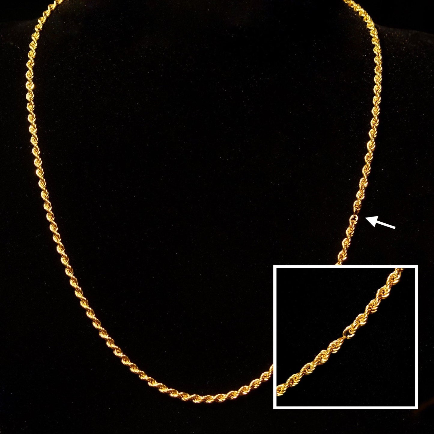 14K yellow gold hollow rope chain necklace, classic vintage unisex design, available in 16 to 24 inch lengths, 585 gold jewelry.