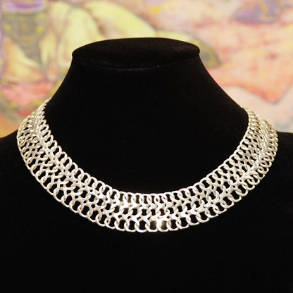 Vintage Bohemian Sterling Silver Collar Necklace, Wide Silver Multi-Link Choker, Flat Articulated Necklace, Hecho En Mexico 0.925, 15" L