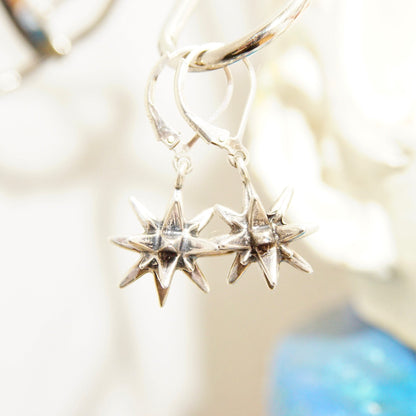 Vintage Sterling Silver Spiked Ball Dangle Earrings, 3D Spiky Drop Earrings, 18-Point Star, Punk/Industrial, 925 Leverback, 1 1/4" L