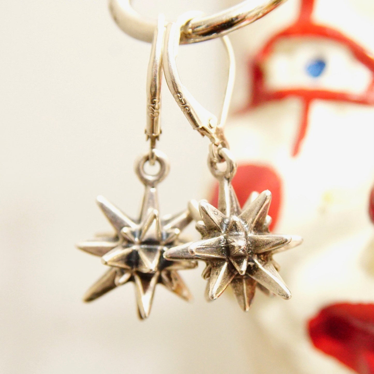 Vintage Sterling Silver Spiked Ball Dangle Earrings, 3D Spiky Drop Earrings, 18-Point Star, Punk/Industrial, 925 Leverback, 1 1/4" L