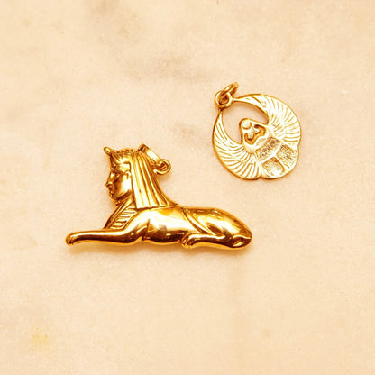 14K Gold Egyptian Pedants, Queen Nefertiti Head, Egyptian Sphinx, Horus Eagle Medallion, Vintage Yellow Gold Charms