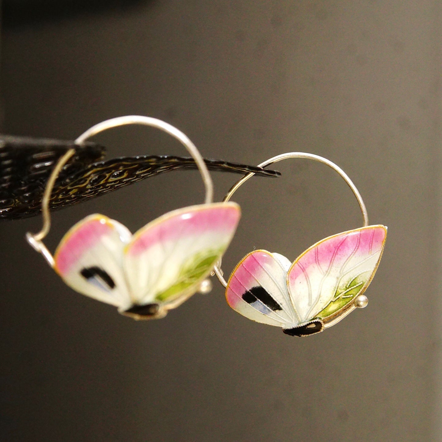 Vintage Guilloche Enamel Silver Butterfly Hoop Earrings, Cute Butterfly Hoops, Art Deco Style, Elegant Silver Earrings, 1 1/8" L