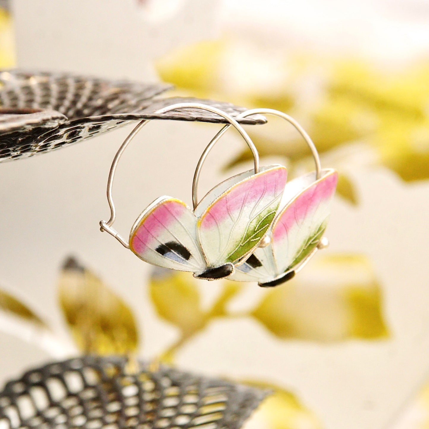 Vintage Guilloche Enamel Silver Butterfly Hoop Earrings, Cute Butterfly Hoops, Art Deco Style, Elegant Silver Earrings, 1 1/8" L