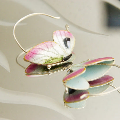 Vintage Guilloche Enamel Silver Butterfly Hoop Earrings, Cute Butterfly Hoops, Art Deco Style, Elegant Silver Earrings, 1 1/8" L